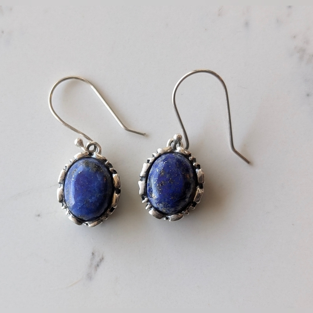 Signed Cecilia Bringheli Sterling Silver Lapis Lazuli Cabochon Earrings - 925